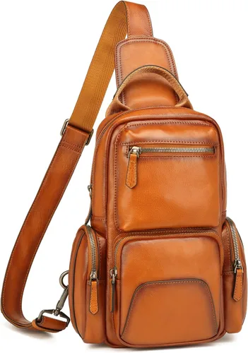 Vista 2 de Lieseh Bolso bandolera de cuero genuino para hombre, bandolera para hombro, pecho, mochila de viaje al aire libre