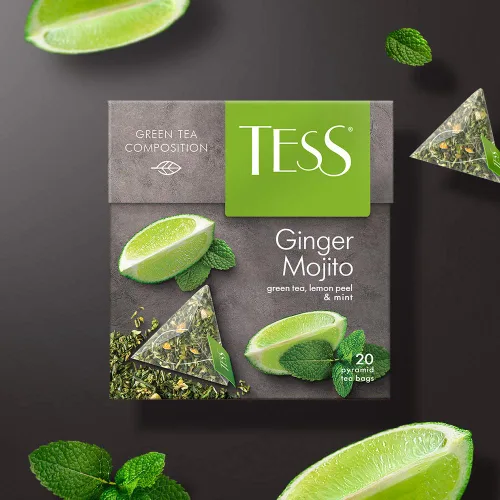 Vista 3 de Tess Composición de té verde jengibre Mojito cáscara de limón y té de hoja de menta en 20 sobres piramidales