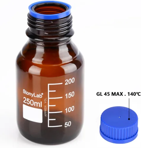 Vista 3 de stonylab Botellas redondas graduadas de vidrio ámbar con tapa de rosca GL45, 8.5 fl oz, 1 paquete