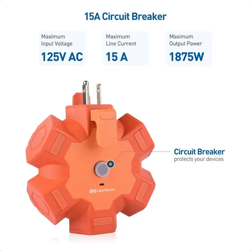 Vista 4 de [Listado UL] Cable Matters Hub de alimentación hexagonal de 5 tomas de corriente para exteriores, disyuntor Outdoor Extension Cord Power Hub