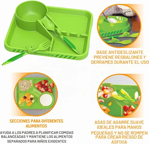 Vista 3 de Juego de vajilla Dinneractive para niños - 3 piezas de vajilla verde de dinosaurios - Utensilios de dinosaurios - Platos para niños pequeños