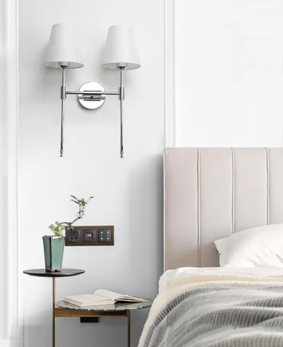 Vista 4 de PERMO Lámpara de pared doble clásica cromada 2 luces con pantalla de tela blanca acampanada para montaje en pared rústico