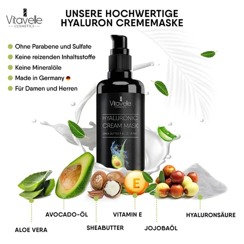 Vista 2 de VITAVELLE Mascarilla hidratante – Mascarilla hidratante de ácido hialurónico reafirmante con aceite de aguacate, manteca de karité, aloe vera