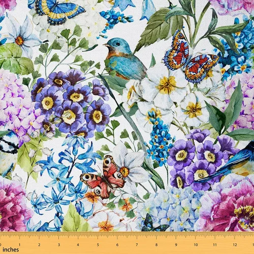 Vista 152 de Tela de Flores Primaverales por Yarda para Sofás, Tela Decorativa de Florales de Pueblo Pájaros Mariposas, Tela de Patrón de Jardín Acuarela