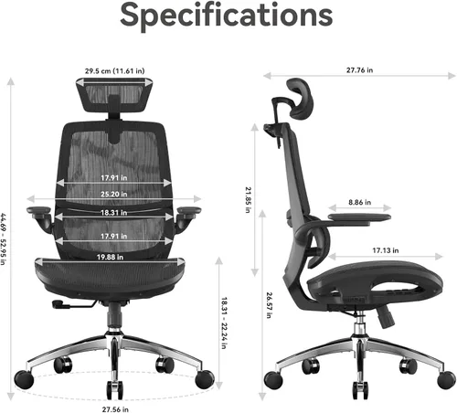 Vista 3 de M59AS Silla ergonómica de oficina, respaldo doble, soporte lumbar Negro