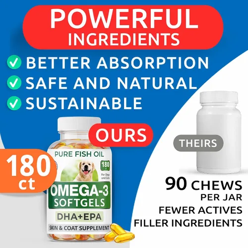 Vista 4 de BARK&SPARK Omega 3 para perros - 180 cápsulas blandas de aceite de pescado para la muda de pelo de perro, alergia cutánea, alivio de la picazón