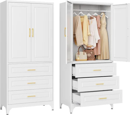 Vista 14 de Gabinete de Pared de Metal de 81 cm con 2 Puertas, Gabinetes Colgantes Negros con Manija, Gabinetes de Vestir de Metal, Armario Vestidor Clóset