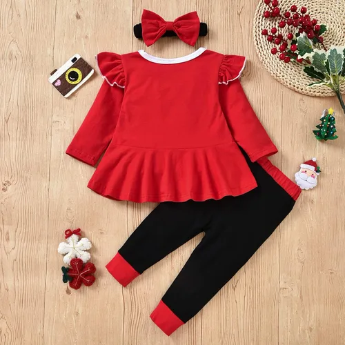 Vista 7 de Conjunto de ropa de Navidad con estampado de Papá Noel para niñas pequeñas, conjunto de ropa de Navidad de 3 piezas