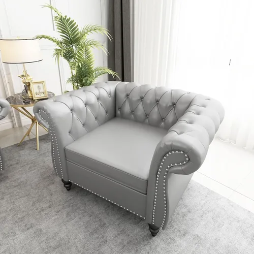 Vista 9 de AVZEAR Sofá Chesterfield de 84 pulgadas, 3 plazas, sofá clásico de cuero PU con brazos enrollados y respaldo con botones capitoné, sofá tipo canapé