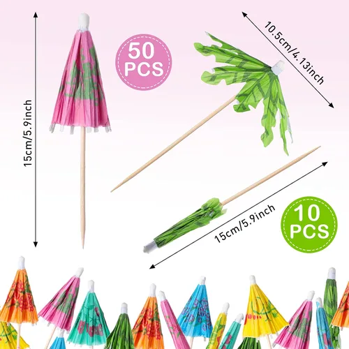 Vista 3 de 160 piezas de accesorios de decoración de bebidas de cóctel, 60 sombrillas de cóctel, 100 selecciones de frutas, palma de coco de verano, palillos