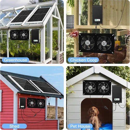 Vista 9 de Kit de 2 ventiladores solares con batería de 66.6 Wh, panel solar de 50 W, ventiladores recargables resistentes a la intemperie para gallinero