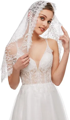Vista 3 de Velo de mantilla de encaje, bufanda de encaje floral vintage, triángulo blanco, velo de boda, velos capilla velos de marfil católica misa iglesia