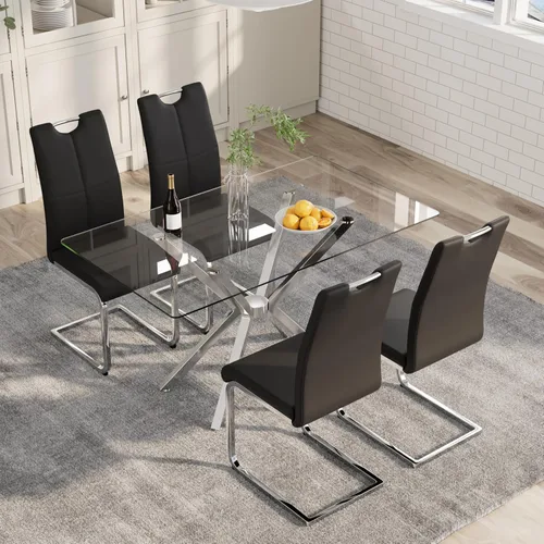 Vista 13 de 5-Piece 47" Dining Table with 4 PU Leather Chairs, Modern Dining Table Set for 4, Rectangle Black Top Kitchen Table with Black Metal Legs for Dining