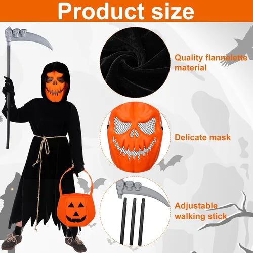 Vista 3 de Toulite Disfraz de calabaza de espantapájaros de Halloween, juego de disfraz de calabaza parca de calabaza, máscara de calabaza, bolsa de dulces