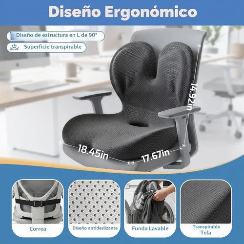 Vista 6 de Cojín de asiento de espuma viscoelástica, cojines ortopédicos ergonómicos para coxis, ciática y alivio de la presión de la espalda, diseño