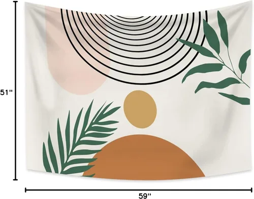 Vista 8 de Tapiz bohemio de mediados de siglo, moderno abstracto geométrico, tapiz con diseño de arco de sol, hojas verdes, tapices para colgar en la pared, 59