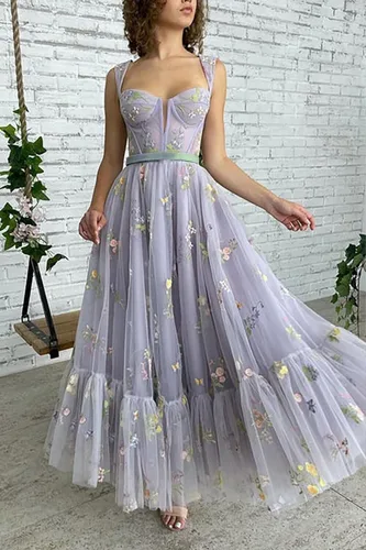 Vista 2 de Basgute Vestido de fiesta de tul con bordado de flores para mujer, corsé, largo, con tirantes delgados, de hadas, fruncido, formal, vestido de fiesta