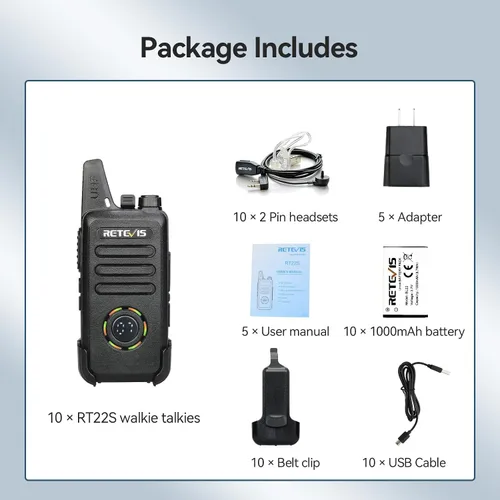 Vista 9 de Retevis RT22S Walkie Talkies para adultos, radio de 2 vías con auricular, pantalla de canal, recargable, radio bidireccional FRS portátil, mini