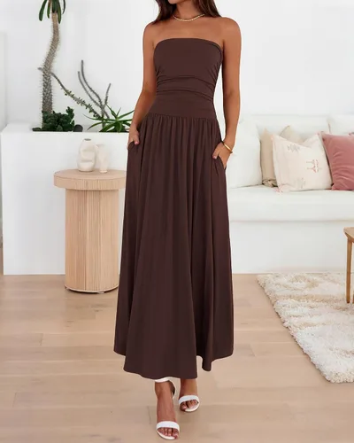 Vista 6 de BTFBM Vestidos largos de verano para mujer, vestido sin tirantes Marrón