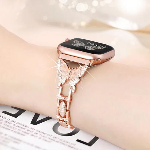 Vista 3 de Wipalor, compatible con la malla para reloj de Apple de 38mm y 40mm, liviana para mujer, pulsera fácil de ajustar, diamante brillante en la oro rosa