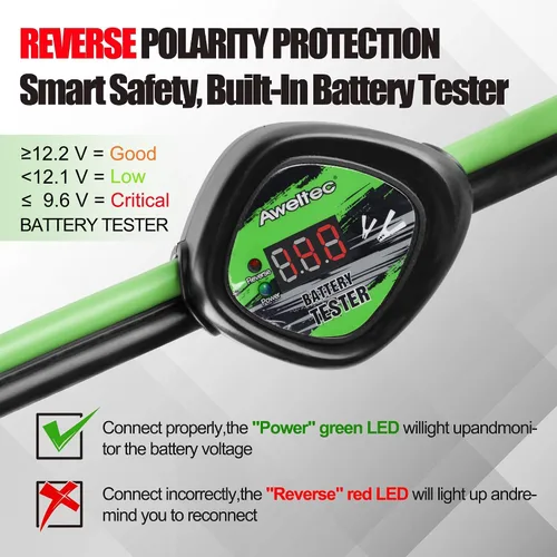 Vista 2 de cables de puente calibre 4 de 20 pies con protector de seguridad inteligente - Cable de batería resistente con protección contra polaridad inversa