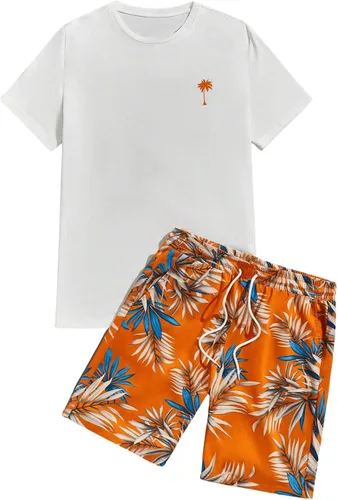 Vista 112 de GORGLITTER Conjunto de 2 piezas de camiseta gráfica de manga corta para hombre, estampado hawaiano con cordón y pantalones cortos