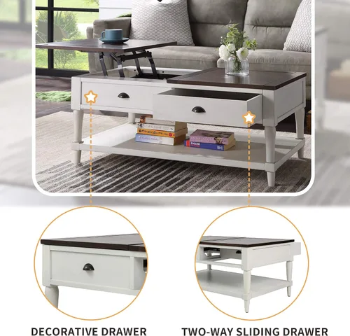 Vista 5 de RUNNA Mesa de centro elevable, mesa de centro elevable con 1 cajón de almacenamiento y estante, sofá de madera ajustable para té, mesa de centro