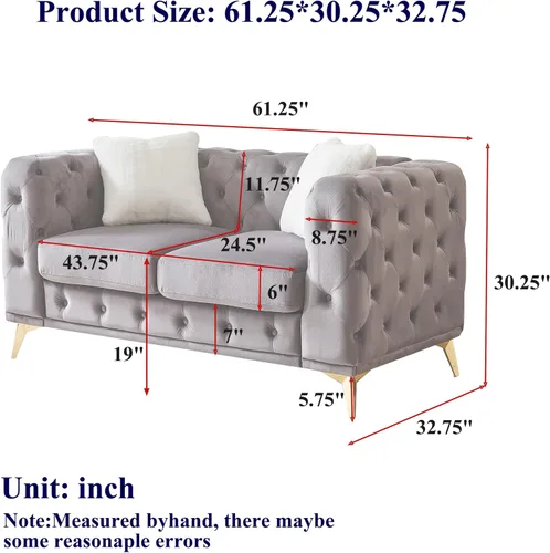 Vista 2 de KEIKI Sofá Chesterfield de terciopelo de lujo extragrande de 61 pulgadas con 2 almohadas, estilo mediados de siglo, sofá de 2 plazas con botones