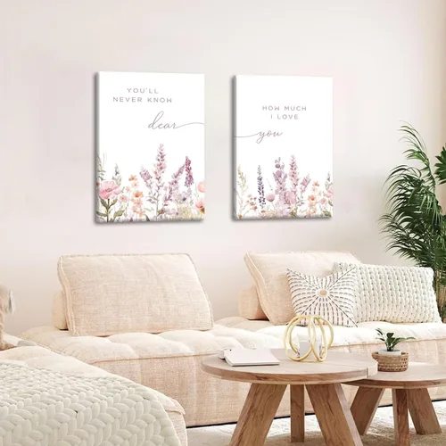 Vista 7 de 2 piezas de lienzo de flores silvestres para guardería, arte de pared, frases botánicas, pinturas bohemias para guardería, habitación de bebé