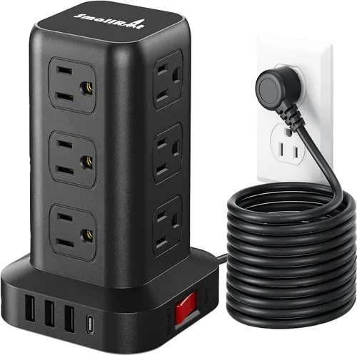 Vista 16 de SMALLRT - Cable de extensión con múltiples tomas, torre de regleta de alimentación con protector de sobretensiones, extensor de salida con 12