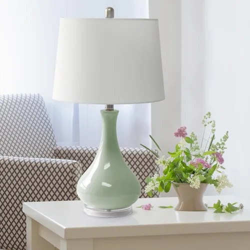Vista 2 de Elegant Designs LT3312-SGE - Lámpara de mesa de cerámica contemporánea pulida en forma de lágrima de 66,7 cm con pantalla cónica de tela blanca
