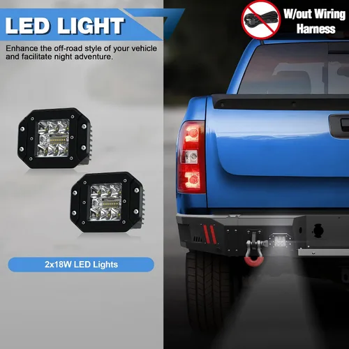 Vista 6 de Silverado Parachoques trasero para Chevy Silverado/GMC Sierra 1500 2007-2013 Negro texturizado con anillos en D, luces LED, orificios