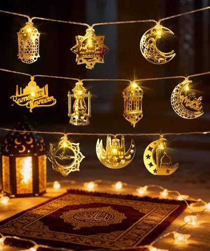 Vista 6 de Luces de Ramadán Eid Mubarak, decoraciones de Ramadán para el hogar, 10 luces LED Eid Mubarak, guirnalda de luces de luna y estrella, linterna Eid