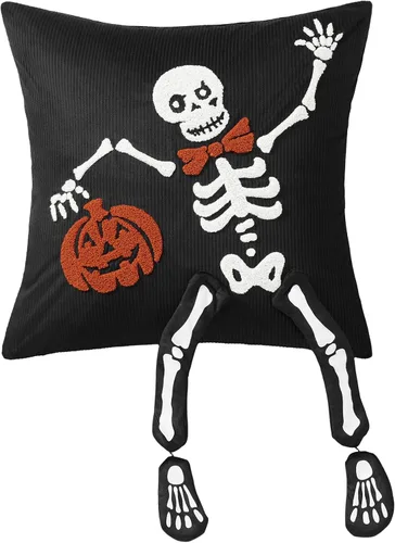 Vista 9 de Phantoscope Fundas de almohada decorativas de pana a rayas, fundas de almohada decorativas de Halloween con bordado hecho a mano, de esqueleto