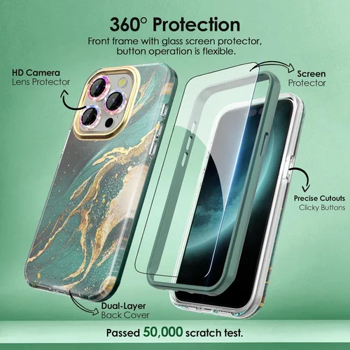 Vista 2 de SHEDEER Funda para iPhone 15 Pro con protector de cámara con purpurina y protector de pantalla, patrón elegante y antiamarillamiento, protección