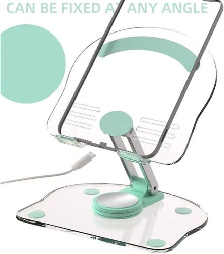Vista 5 de Soporte acrílico para tablet con base giratoria de 360°, soporte plegable ajustable transparente para escritorio, oficina en casa, compatible