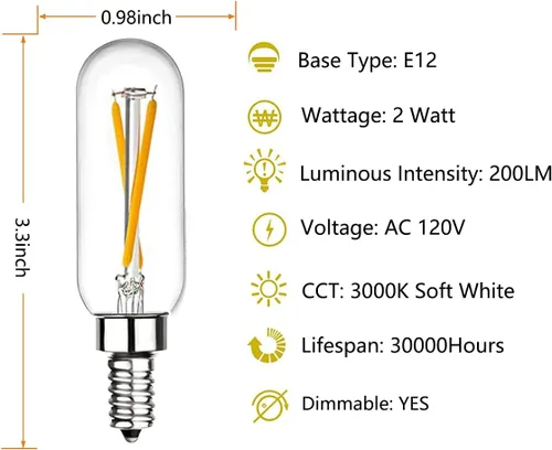 Vista 2 de Beonllay Bombillas LED T6 regulables de 25 W, bombillas de candelabro de 3000 K, blanco suave, transparente, vintage, 2 W, E12, filamento LED Edison