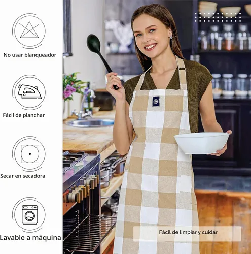 Vista 6 de Encasa XO Delantales de cocina de algodón para mujeres y hombres con bolsillo y bucle para toalla, correa ajustable para cuello y espalda