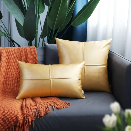 Vista 3 de BRAWARM Fundas de almohada de cuero sintético de 20 x 20 pulgadas, juego de 2 fundas de almohada de cuero dorado, fundas de almohada de cuero