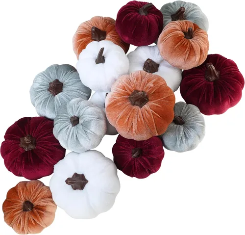 Vista 10 de Winlyn Juego de 16 calabazas de terciopelo sintético surtidas, decorativas, color verde azulado, verde, gris, marfil, calabazas de espuma de tela
