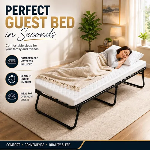 Vista 3 de Greaton, 14″ High Folding Guest Bed with 3″ Memory Foam Mattress – Sturdy Metal Frame, Easy Access for Seniors, Underbed Storage, Comfortable Bed