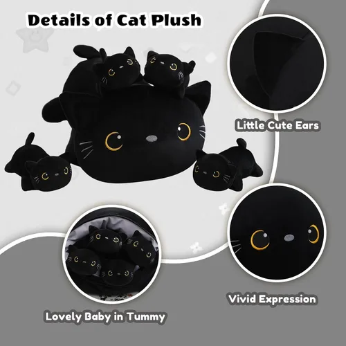 Vista 2 de SQEQE Peluche de gato negro con 4 bebés, gato en la barriga, lindo gato negro de peluche para niños, regalos ideales para Navidad, San Valentín