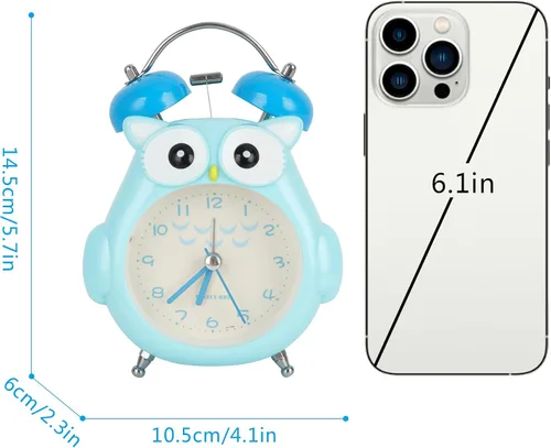 Vista 3 de Reloj despertador para niños, diseño de búho de dibujos animados, timbre fuerte, despertador, sin tictac, reloj de escritorio con luz nocturna