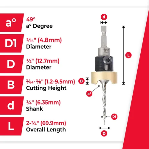 Vista 4 de Amana Tool Avellanador de 82 grados con broca cónica y tope de profundidad ajustable, 55155, 1/2 D x 3/16 D de broca x vástago hexagonal