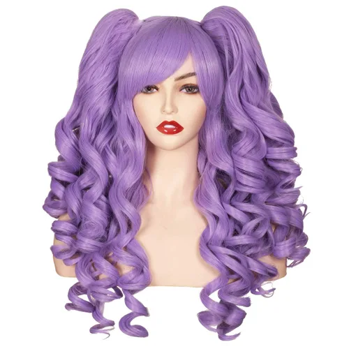 Vista 11 de ColorGround Peluca larga y rizada para cosplay con 2 colas de caballo (azul celeste)