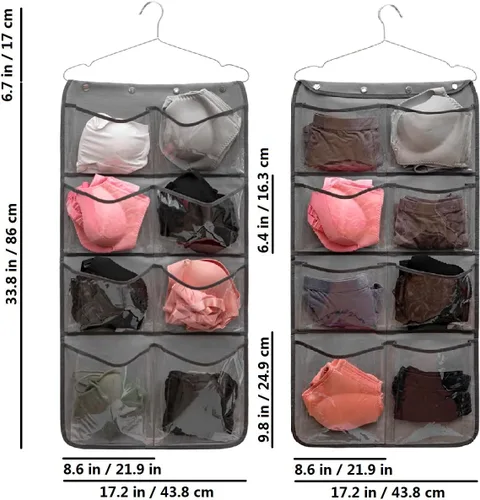 Vista 7 de Organizador de armario colgante de doble cara, calcetines duraderos, calcetines, ropa, brasier, bolsa de almacenamiento con 16 bolsillos grandes
