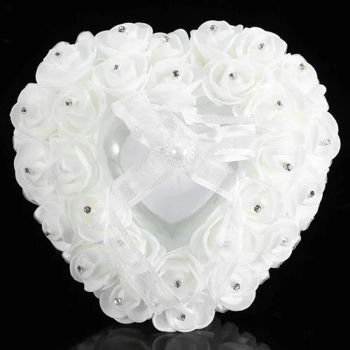 Vista 5 de TOPINCN Almohada de boda, soporte de caja de corazón de boda, romántica en forma de corazón, caja de boda, decoración de rosa, cojín de almohada