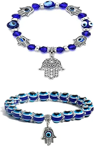 Vista 13 de 2 Pulseras elásticas con cuentas azules de ojo malvado, 7 chakras, piedra de lava, mano de Hamsa