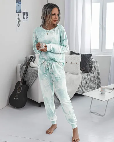 Vista 49 de Prettygarden - Conjunto de pijama de dos piezas para mujer, diseño de teñido anudado, sudadera informal de manga larga con pantalones largos, ropa