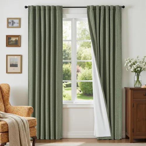 Vista 19 de Cortinas opacas completas de 63 pulgadas de largo para dormitorio, cortinas texturizadas de lino beige con forro con aislamiento térmico, cortinas